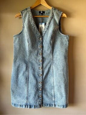 Frye Light Blue Acid-Wash Denim Button-Front Sleeveless Mini Dress Size L
